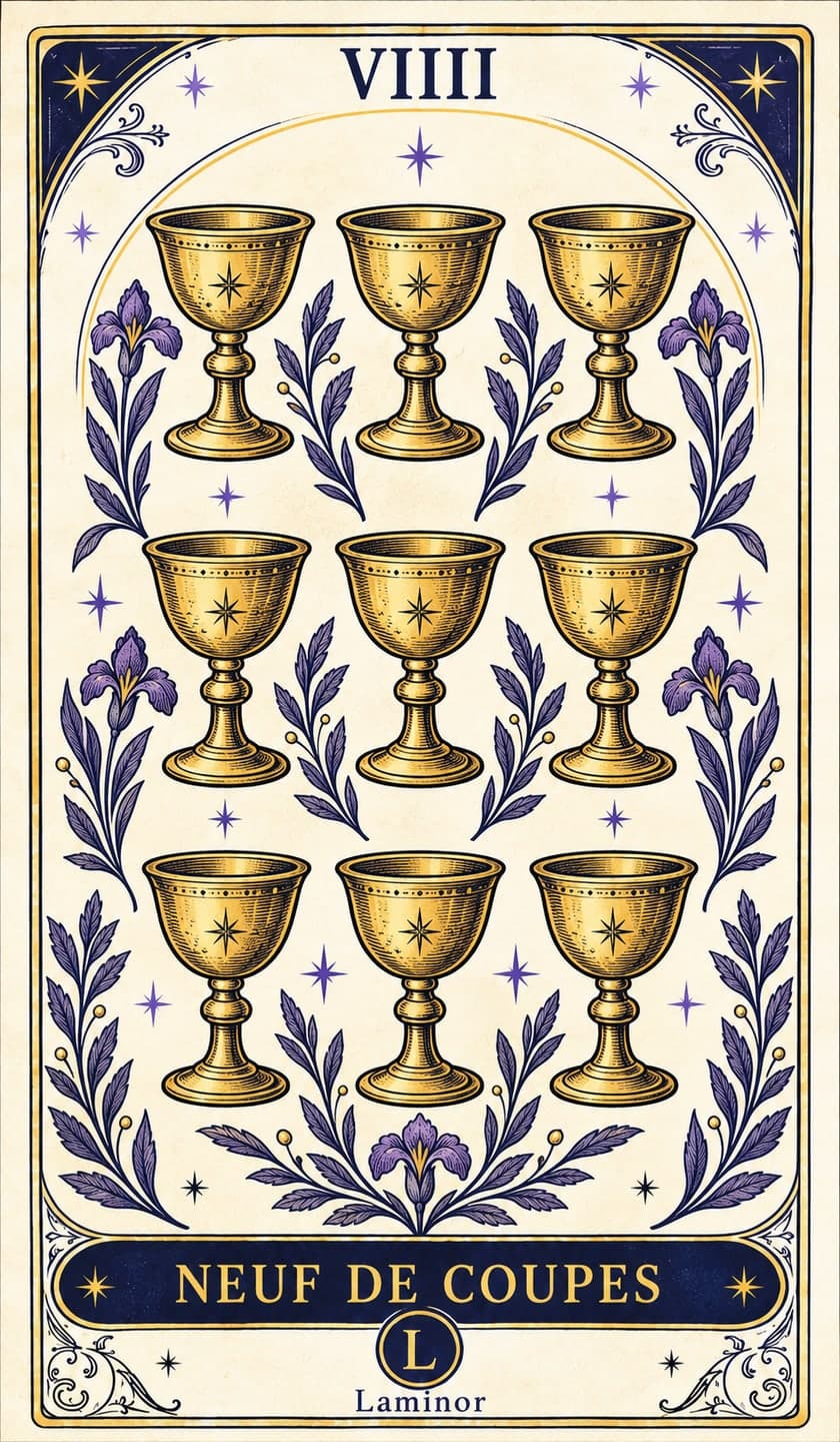 Neuf de Coupes, carte du tarot Laminor