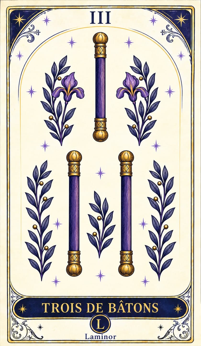 Trois de Bâtons, arcane du tarot Laminor