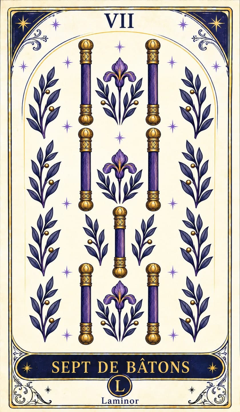 Sept de Bâtons, carte du tarot Laminor