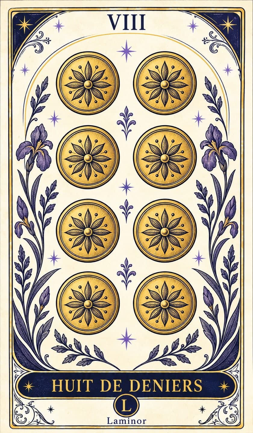 Huit de Pentacles, carte du tarot Laminor