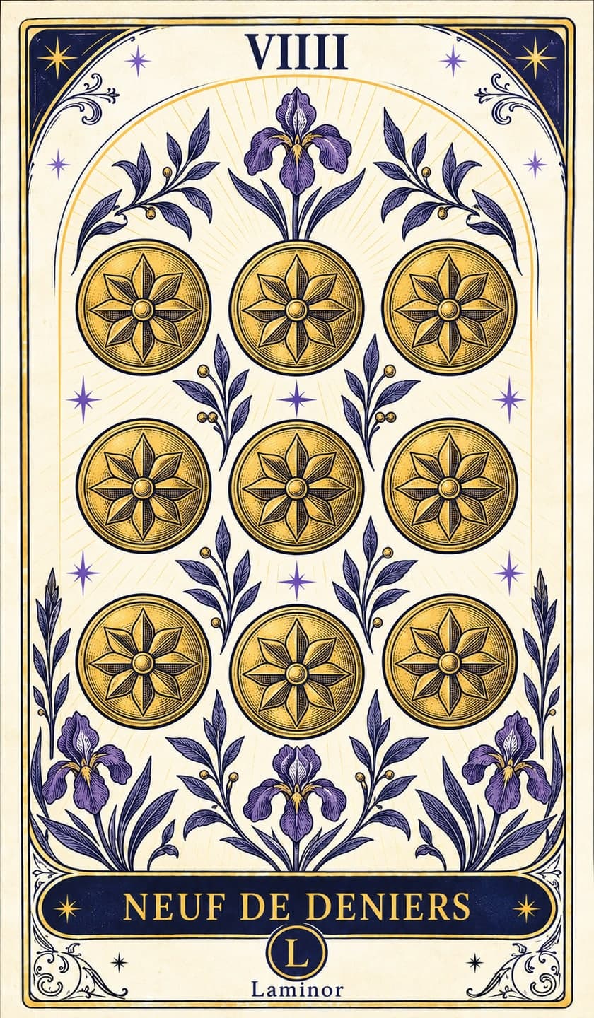 Neuf de Pentacles, carte du tarot Laminor
