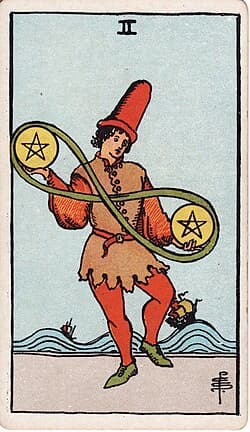 Deux de Pentacles, carte du tarot Rider-Waite-Smith