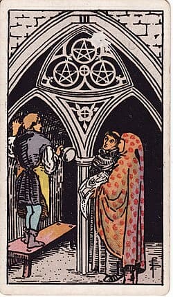 Trois de Pentacles, carte du tarot Rider-Waite-Smith