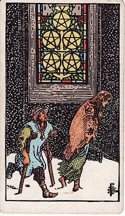 Cinq de Pentacles, carte du tarot Rider-Waite-Smith