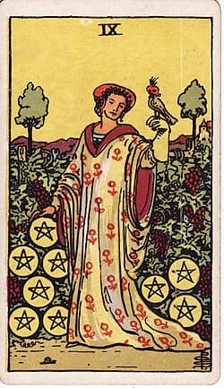 Neuf de Pentacles, carte du tarot Rider-Waite-Smith